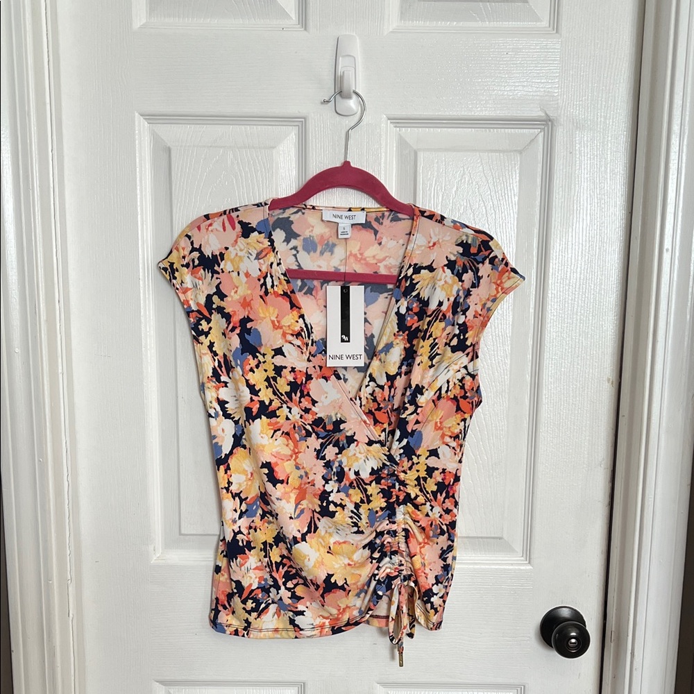 Nine West Women's Floral Wrap Blouse - Black, Yellow, Pink